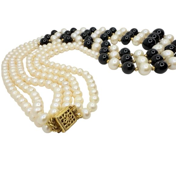 VTG White Pearl & Onyx Multi Strand Necklace 18" Gold Over 925 Sterling Silver - Picture 10 of 12
